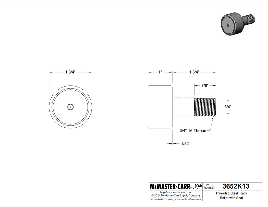 Technical Drawing of Threaded Steel Track Roller with Seal, Flat, 1-3/4" Roller Diameter, 1" Roller Width, 3/4" Stud Diameter.